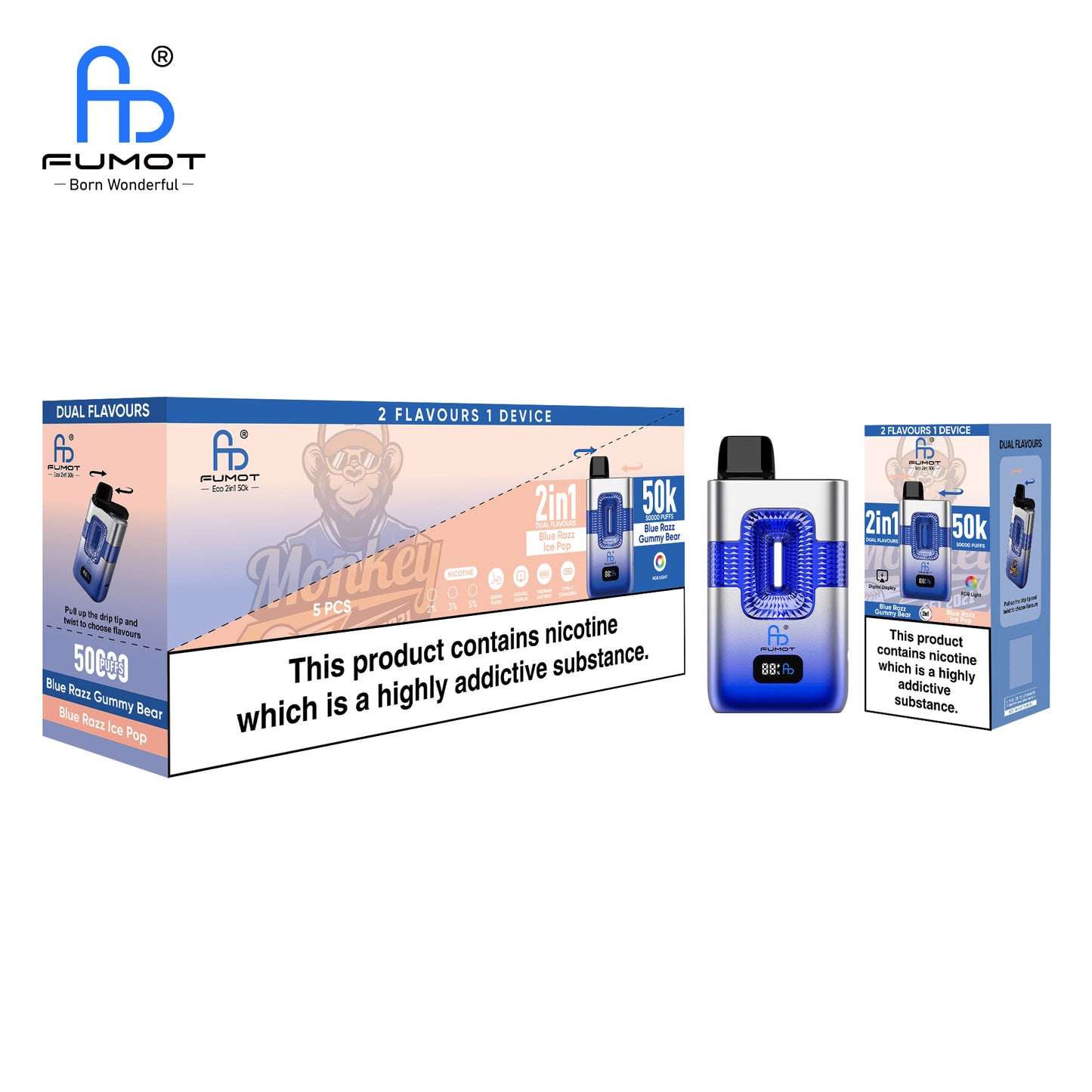 FUMOT 50K Vape ECO 2IN1 Blue Razz Gummy Bear & Blue Razz Ice Pop