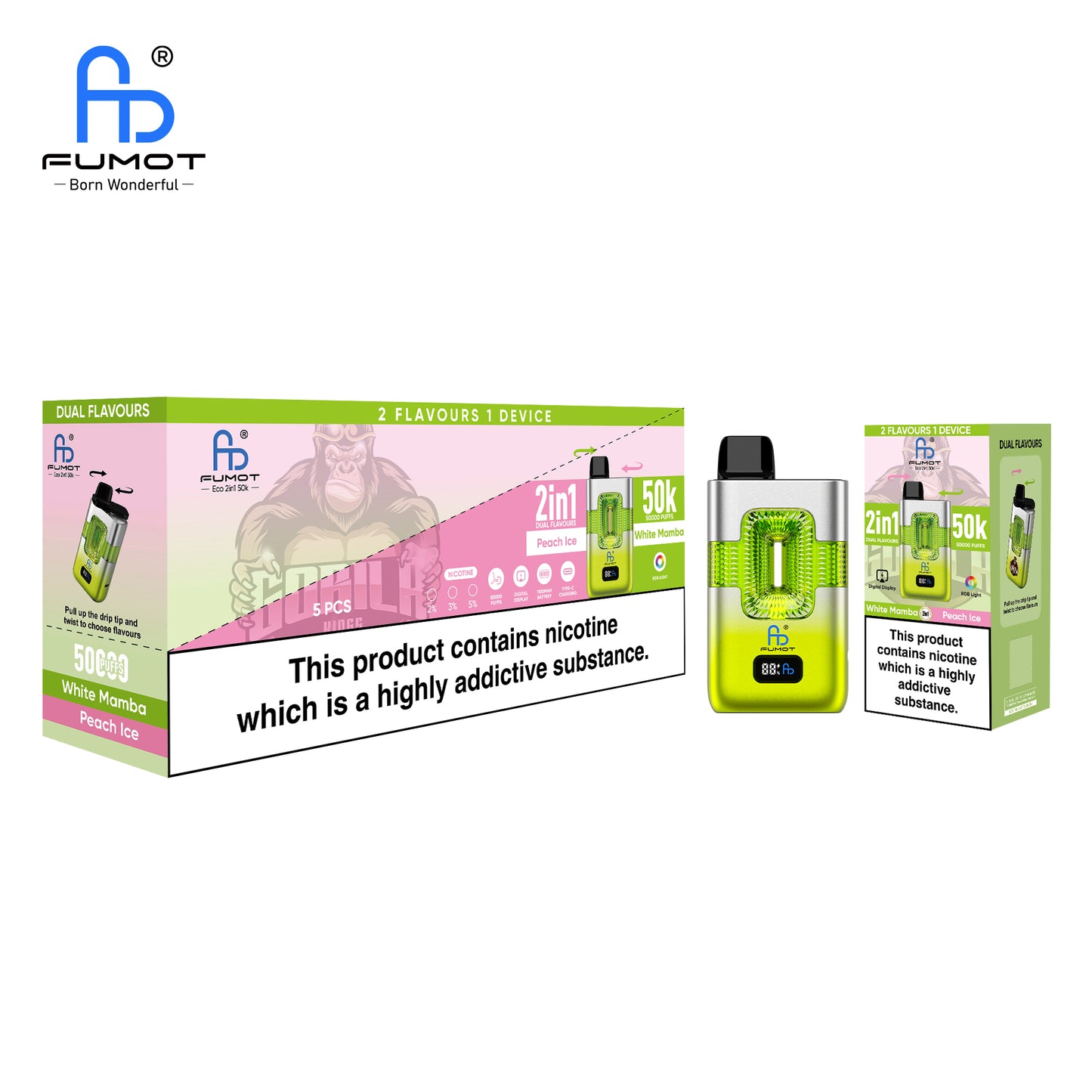 RandM FUMOT ECO 2IN1 50K Puffs Peach Ice & White Mamba